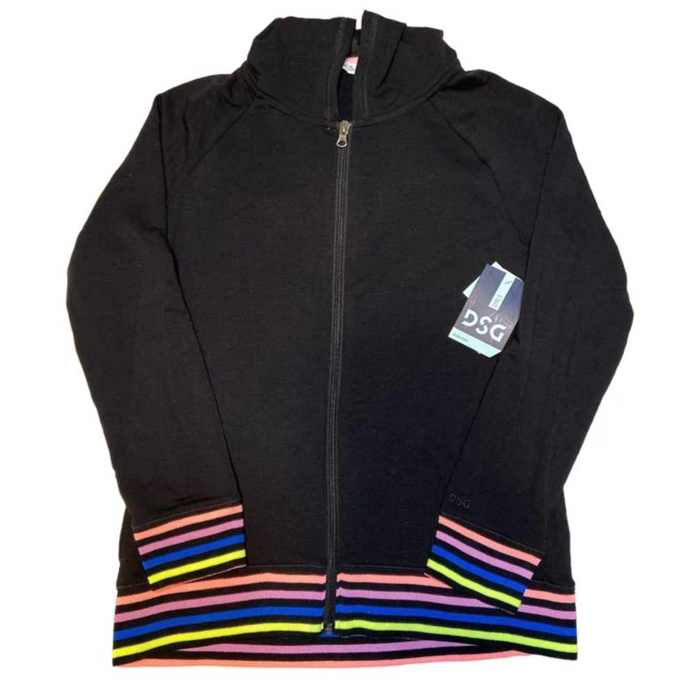 DSG Black Zip-Up Hoodie with Colorful Striped Hem